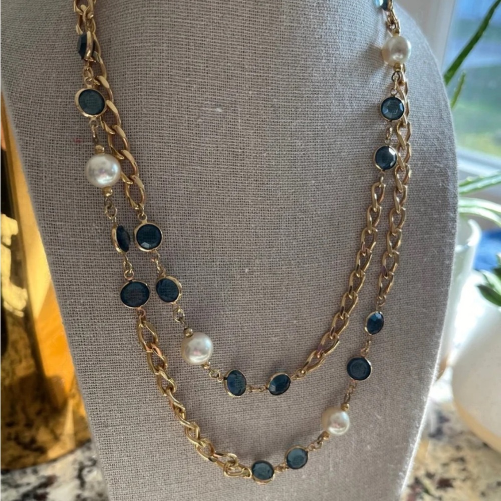 N100 Elegant Gold, Pearl and blue gem Necklace